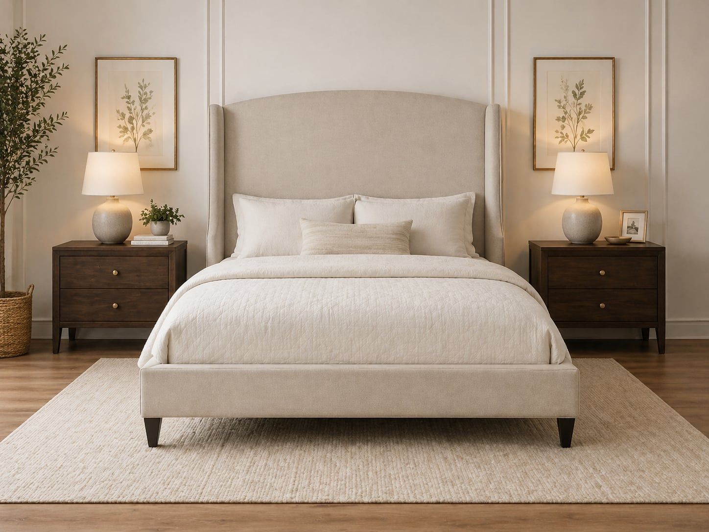 Cream arched-wingback headboard with light wood nightstands