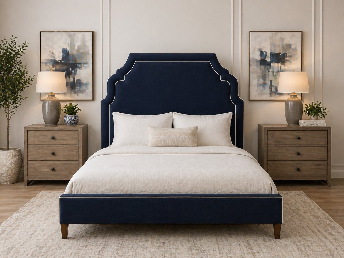 Navy scalloped tufted headboard with abstract art and wood nightstands