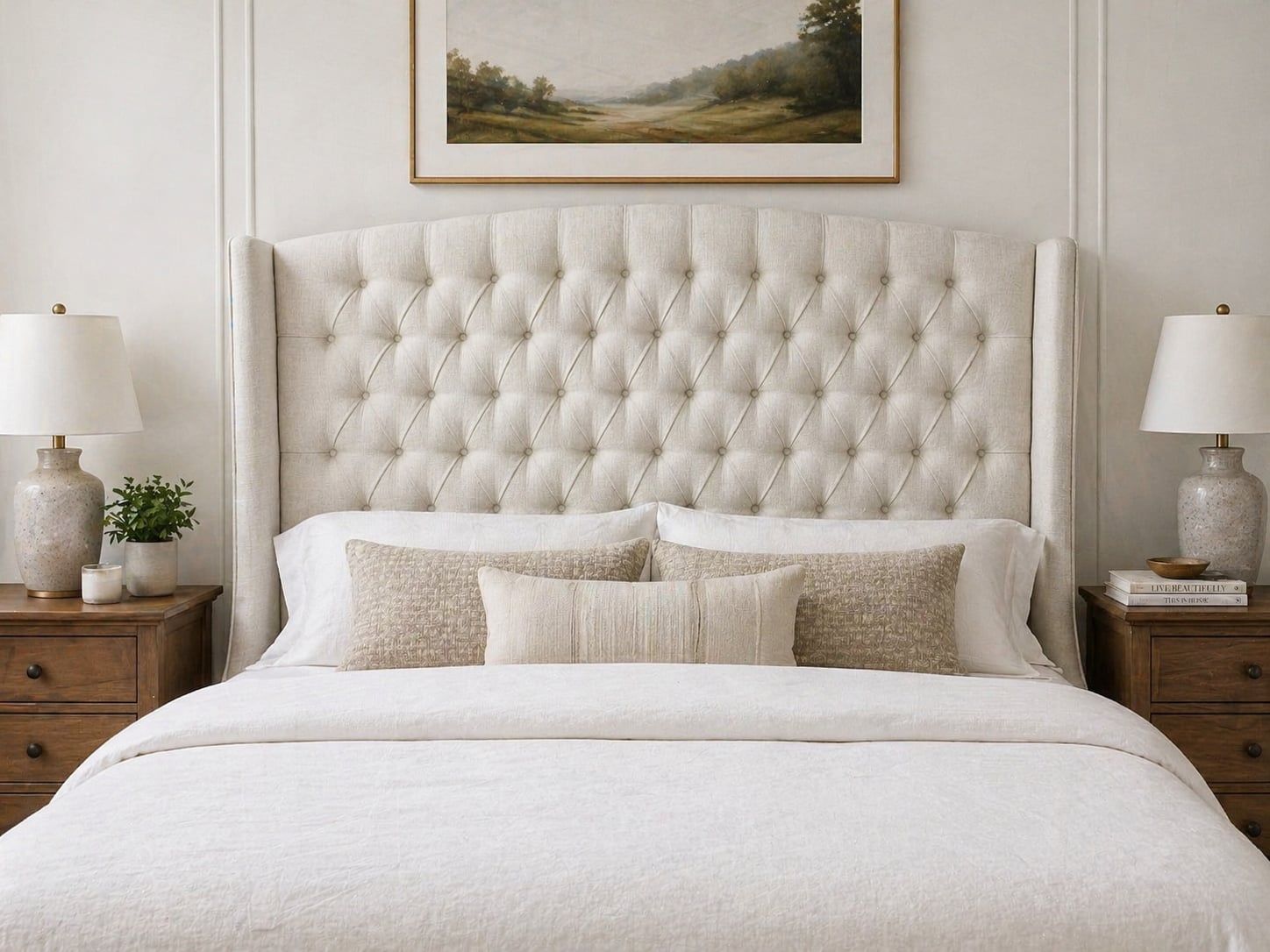 Cream tufted wingback headboard with framed landscape art
