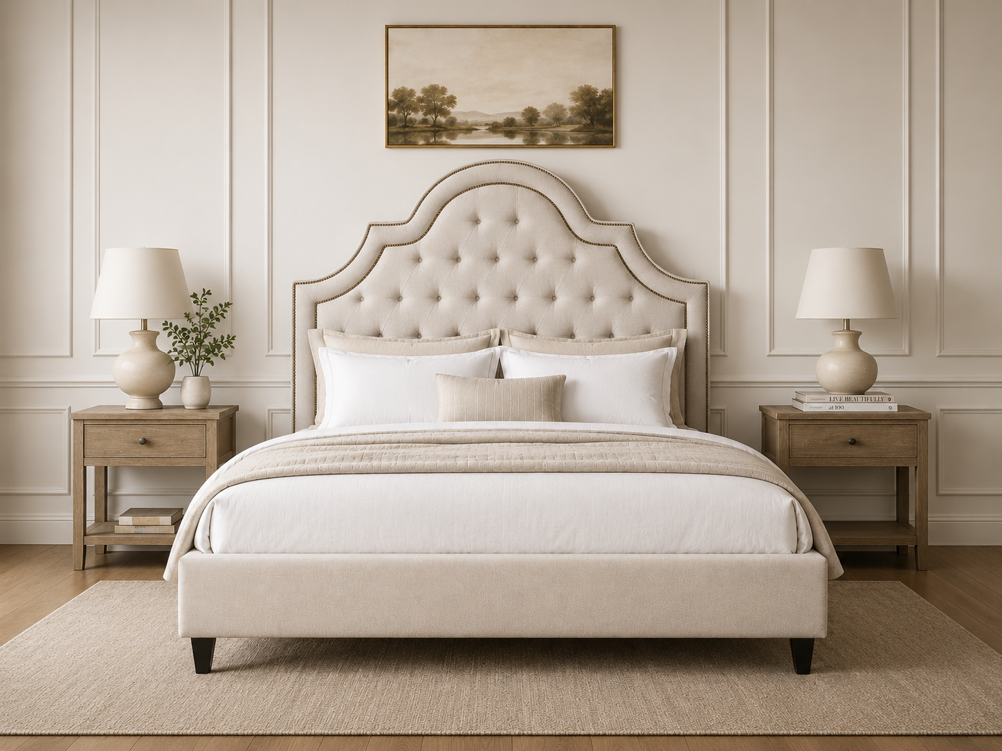 Bardot Headboard with diamond tufting — same scalloped silhouette in a styled bedroom