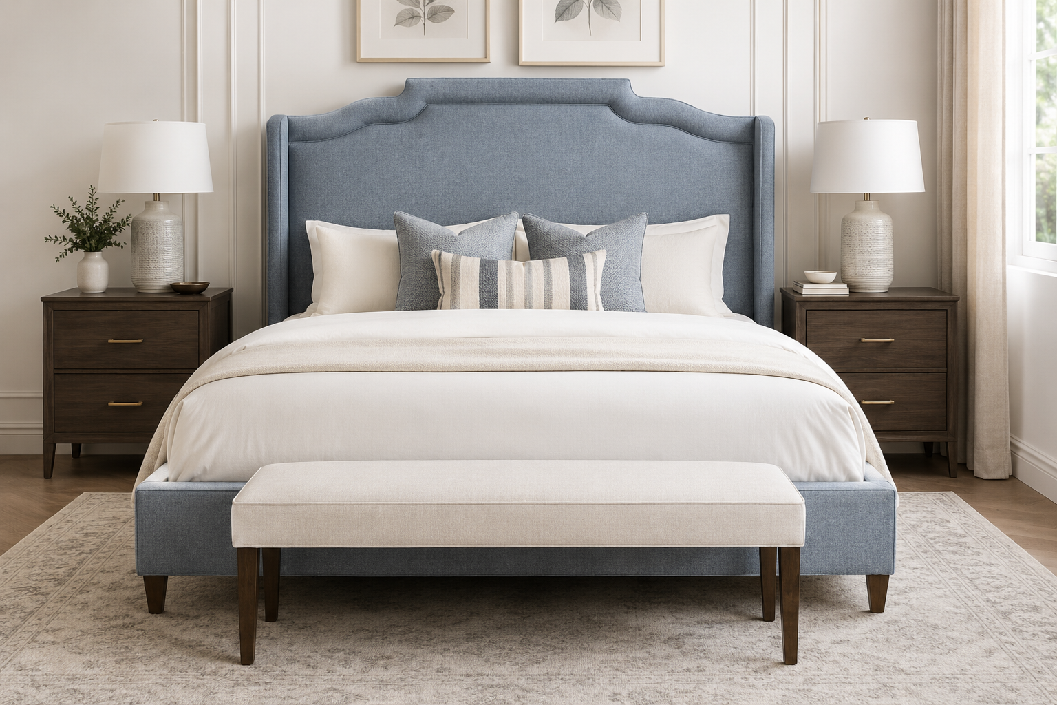 Bartop Headboard in plain (no tufting) configuration — blue-grey upholstery, complete bed with bench
