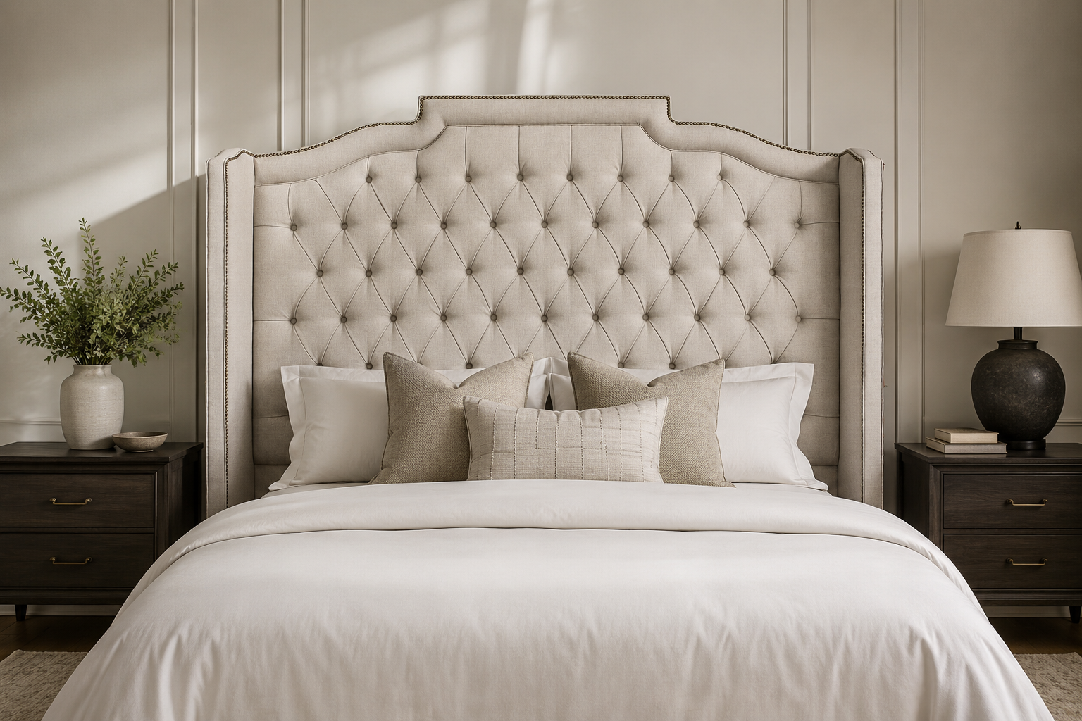 Bartop Headboard with diamond tufting — cream upholstery, sunlit panel-molded room