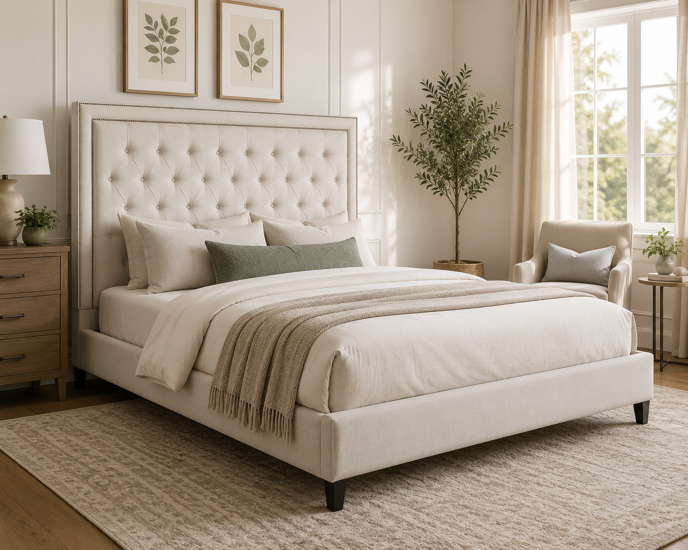 Garbo Headboard with diamond tufting and nailhead — cream upholstery in a sunlit styled bedroom with botanical art