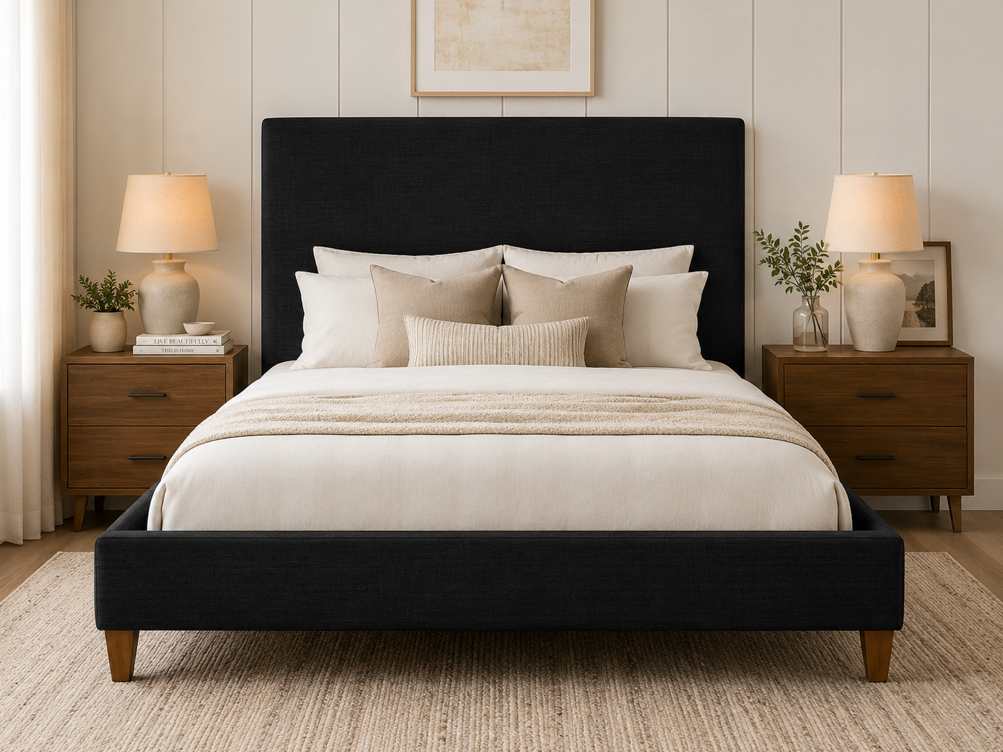 Hepburn Headboard in plain (no tufting) configuration — deep charcoal upholstery, complete bed in a warm styled room