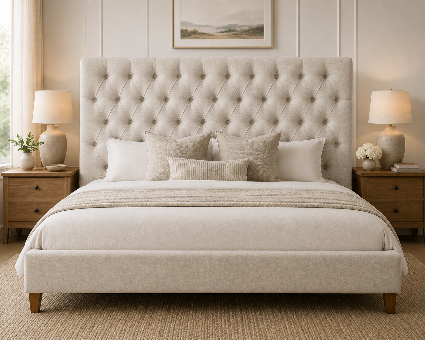 Hepburn Headboard with diamond tufting and nailhead — cream upholstery in a sunlit room with landscape art