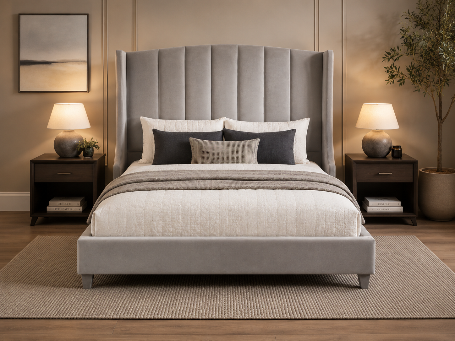 Step Headboard with channel (vertical line) tufting — taupe upholstery, wingback profile