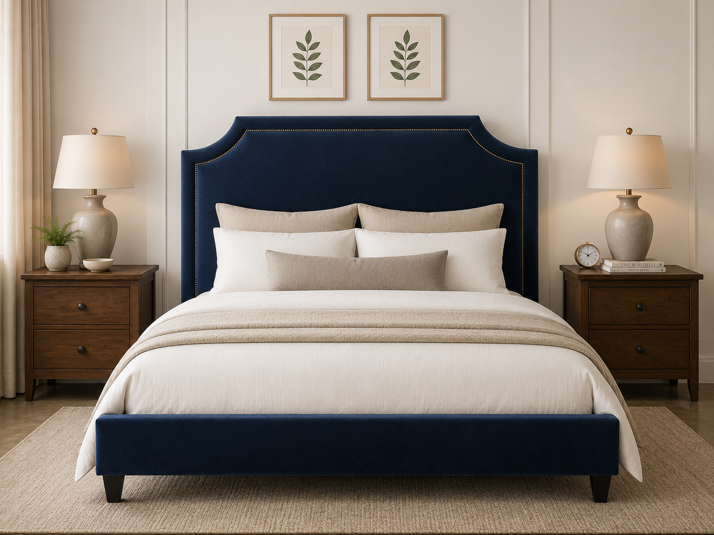 Taylor Headboard in plain (no tufting) configuration — deep navy upholstery, same room