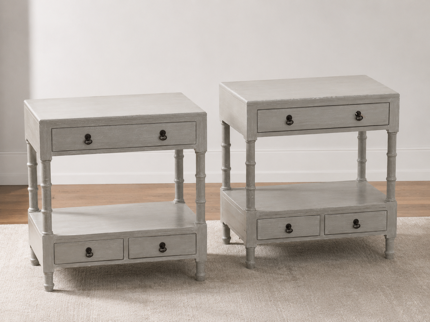 Case Goods — a pair of gray-washed wooden nightstands