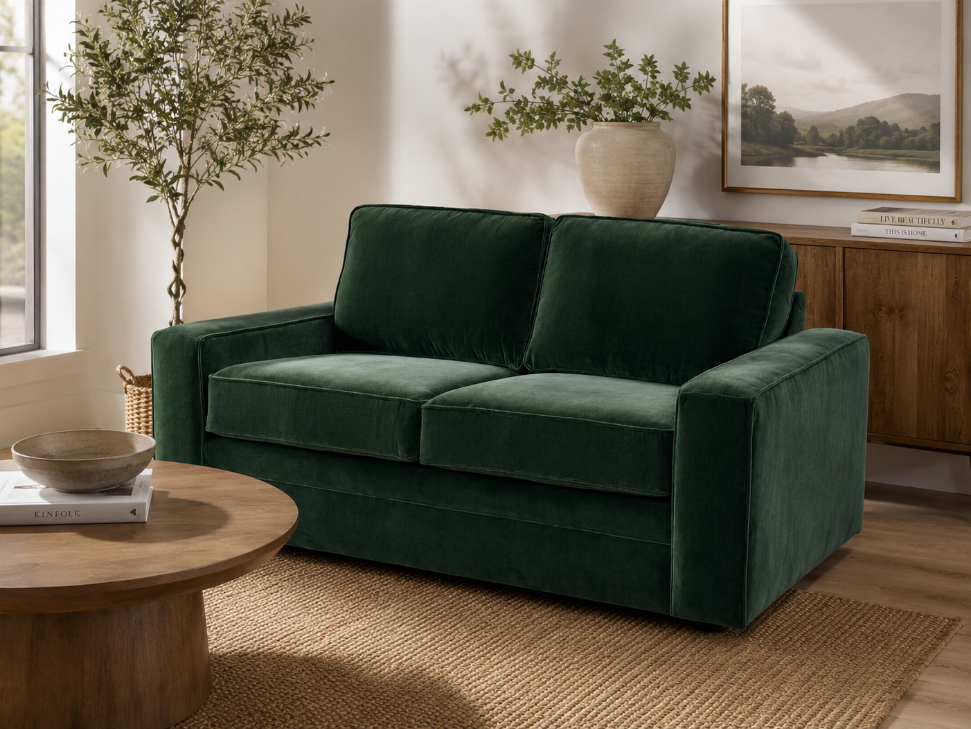 Brentwood Loveseat in deep green velvet — two-cushion seat, square track arms, made to order by Adams Furniture in North Carolina