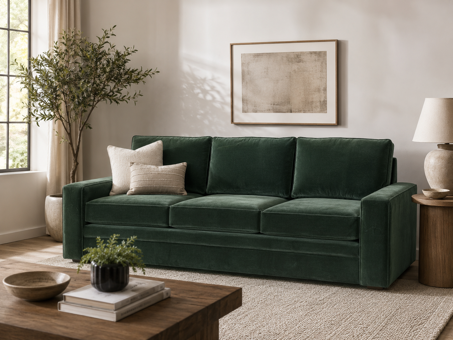 Brentwood Sofa in deep green velvet — three-cushion seat, square track arms, made to order by Adams Furniture in North Carolina