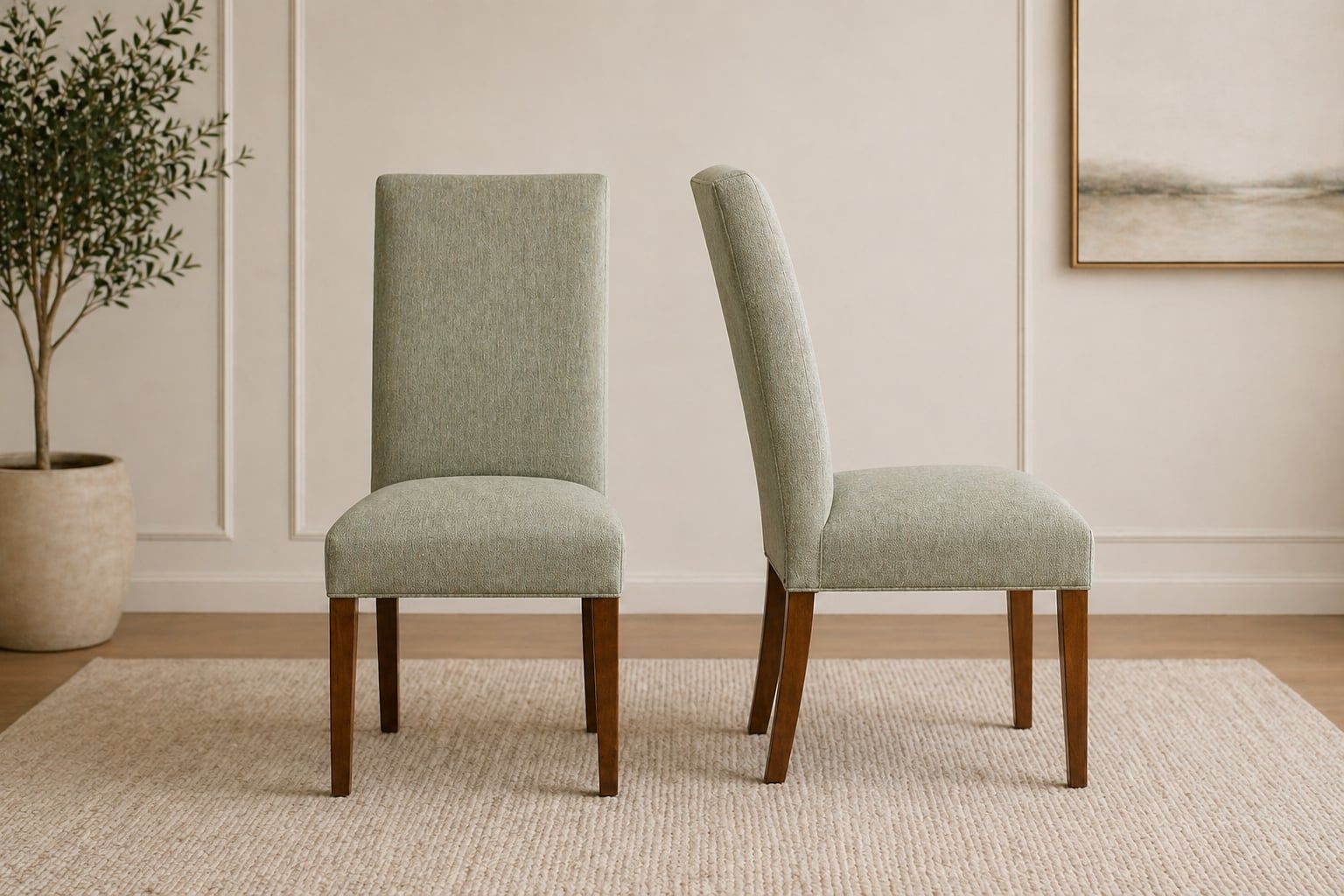 Pair of sage upholstered parsons dining chairs with walnut legs