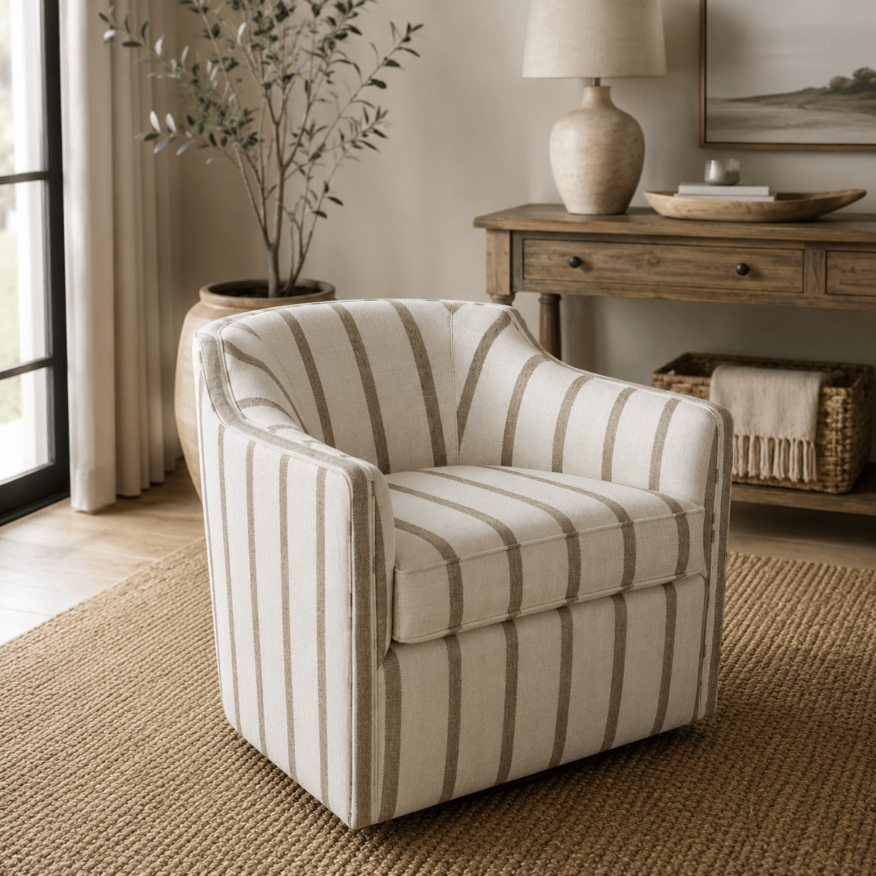 Lounge Chair upholstered in a custom striped textile, showing the same barrel-back swivel silhouette