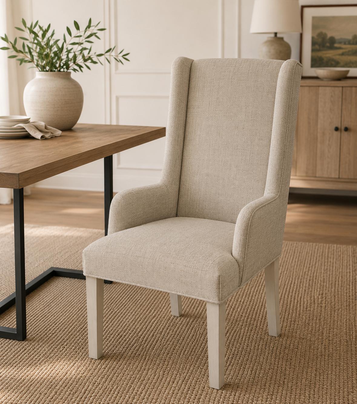 Lyons Host Chair in Hailey Linen — warm oat-toned upholstery, exposed legs