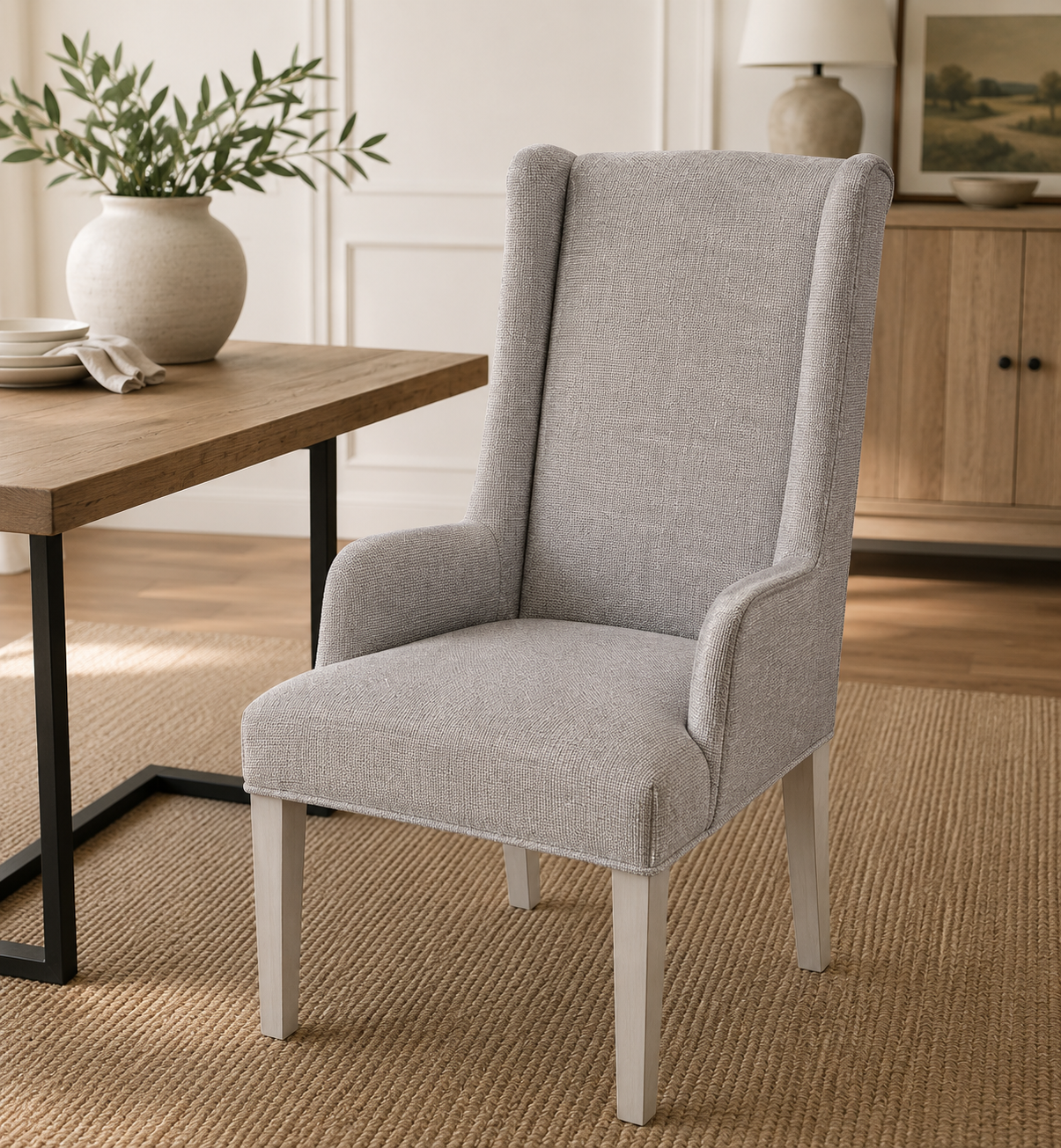 Lyons Host Chair in Macarena Platinum — soft silver-grey upholstery