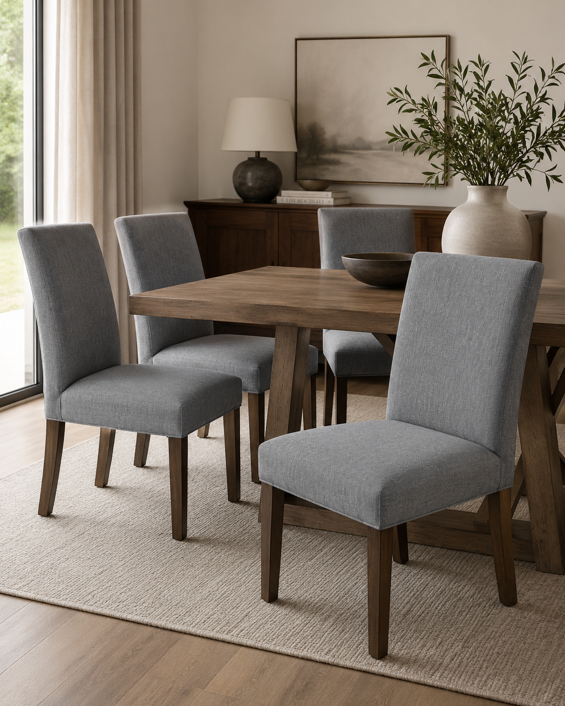 Square Back Side Chairs in Macarena Blue Grey — set of four around a wood farmhouse table