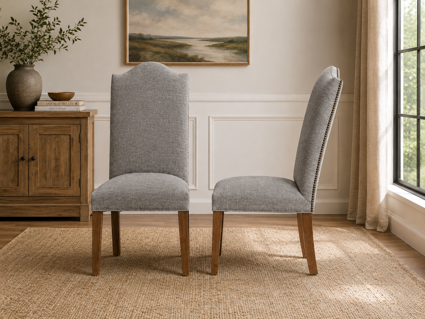 Straight Side Bistro Chair pair in Macarena Platinum — same crown silhouette, heathered grey upholstery, antique brass nailhead