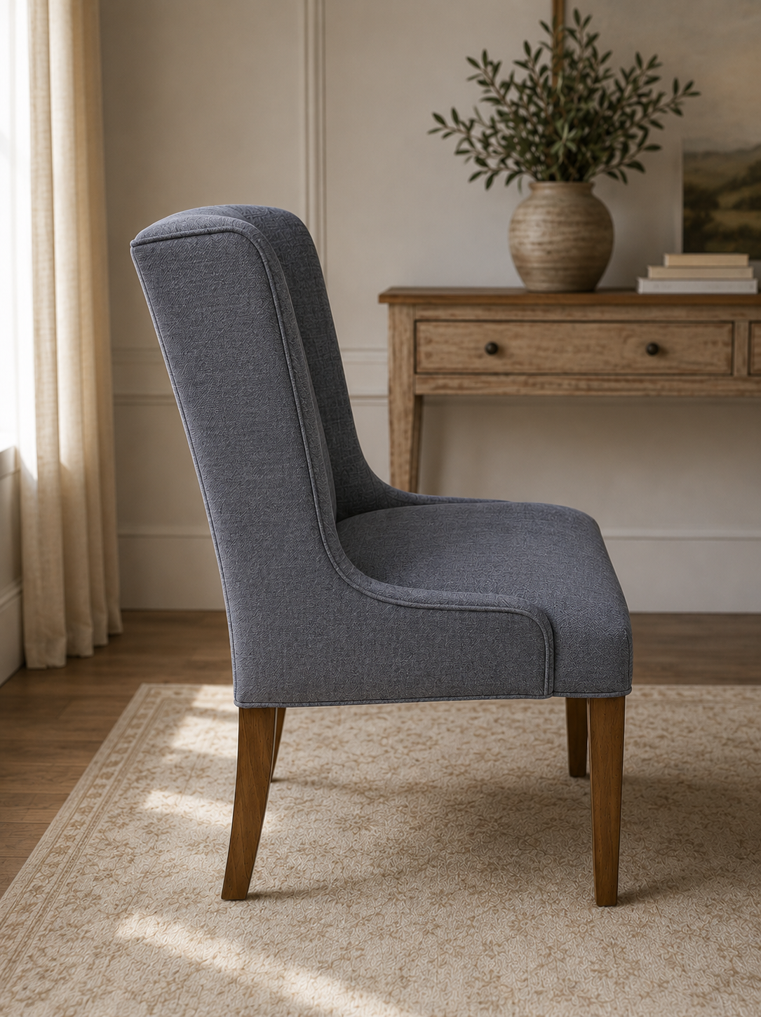 Straight Side Lyons Chair in Macarena Blue Grey — same side profile, exposed wood legs
