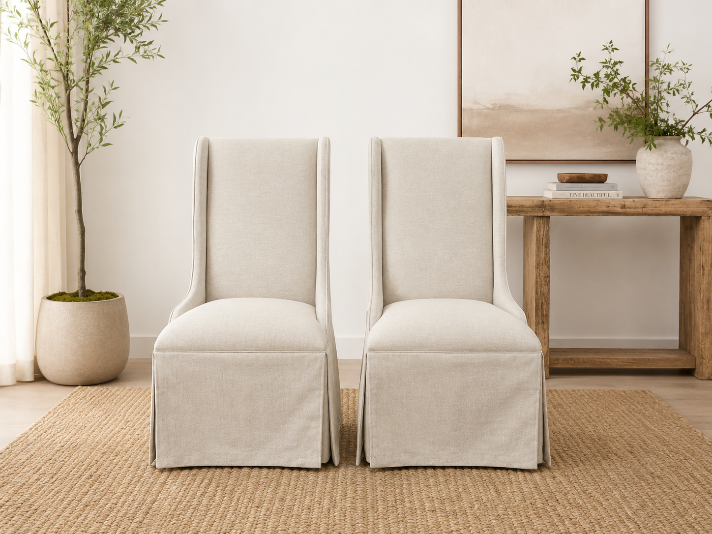 Straight Side Lyons Chair pair in Hailey Linen with full upholstered skirt — legs hidden, front-facing