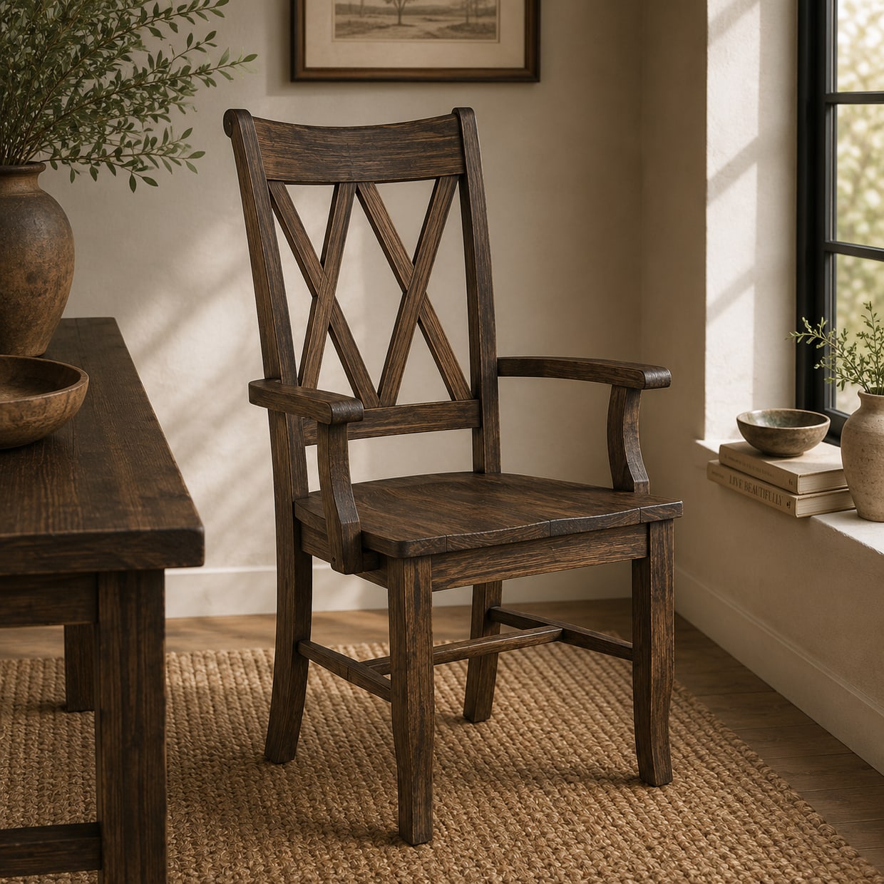 Double Crossback arm chair — matching solid wood dining arm chair, shown in a dark walnut finish, handmade by Adams Furniture in North Carolina