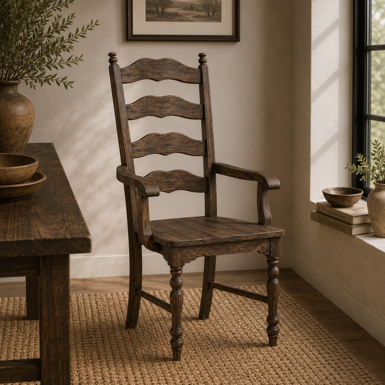 Maine Ladder Back arm chair — matching solid wood dining arm chair, shown in a dark walnut finish, handmade by Adams Furniture in North Carolina