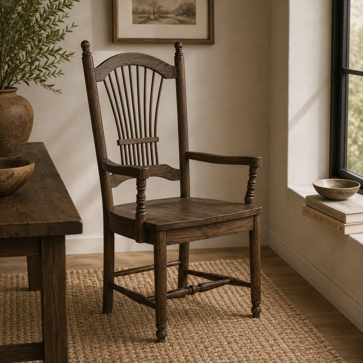 Sheafback arm chair — matching solid wood dining arm chair, shown in a dark walnut finish, handmade by Adams Furniture in North Carolina