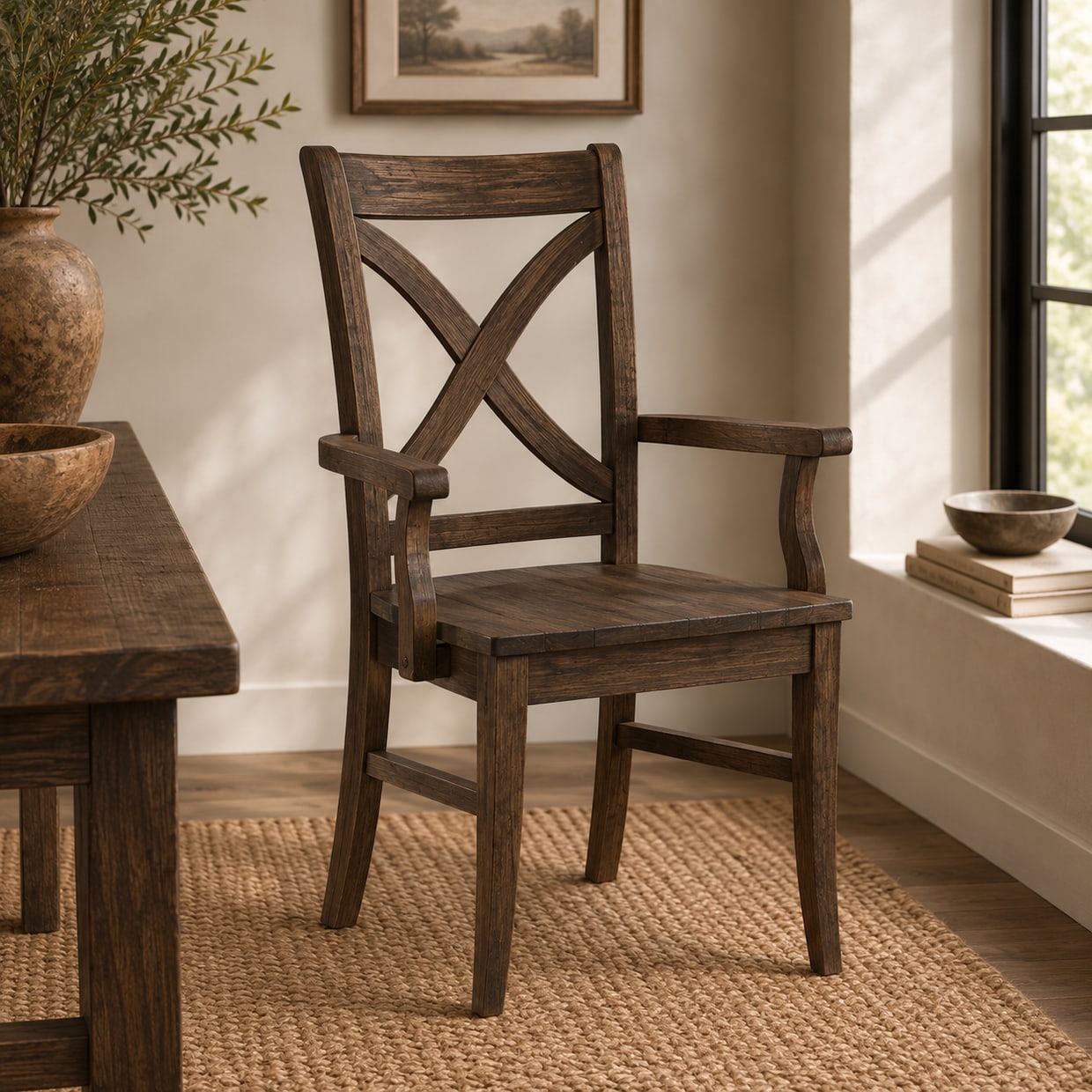 Vineyard arm chair — matching solid wood dining arm chair, shown in a dark walnut finish, handmade by Adams Furniture in North Carolina