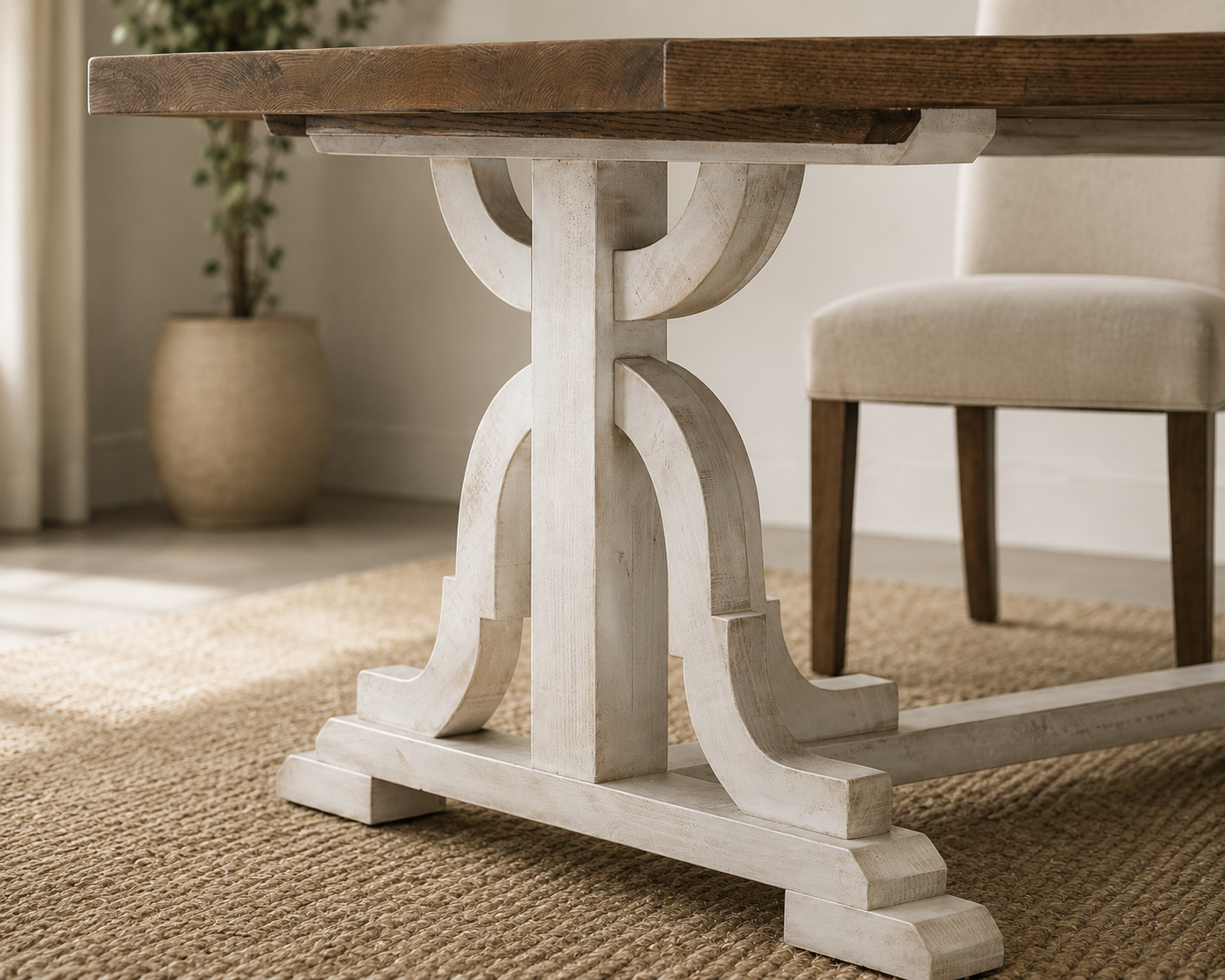 Close-up of the Treaty Table's sculpted trestle pedestal base, showing the contrast between Ambrosia Maple top and painted base